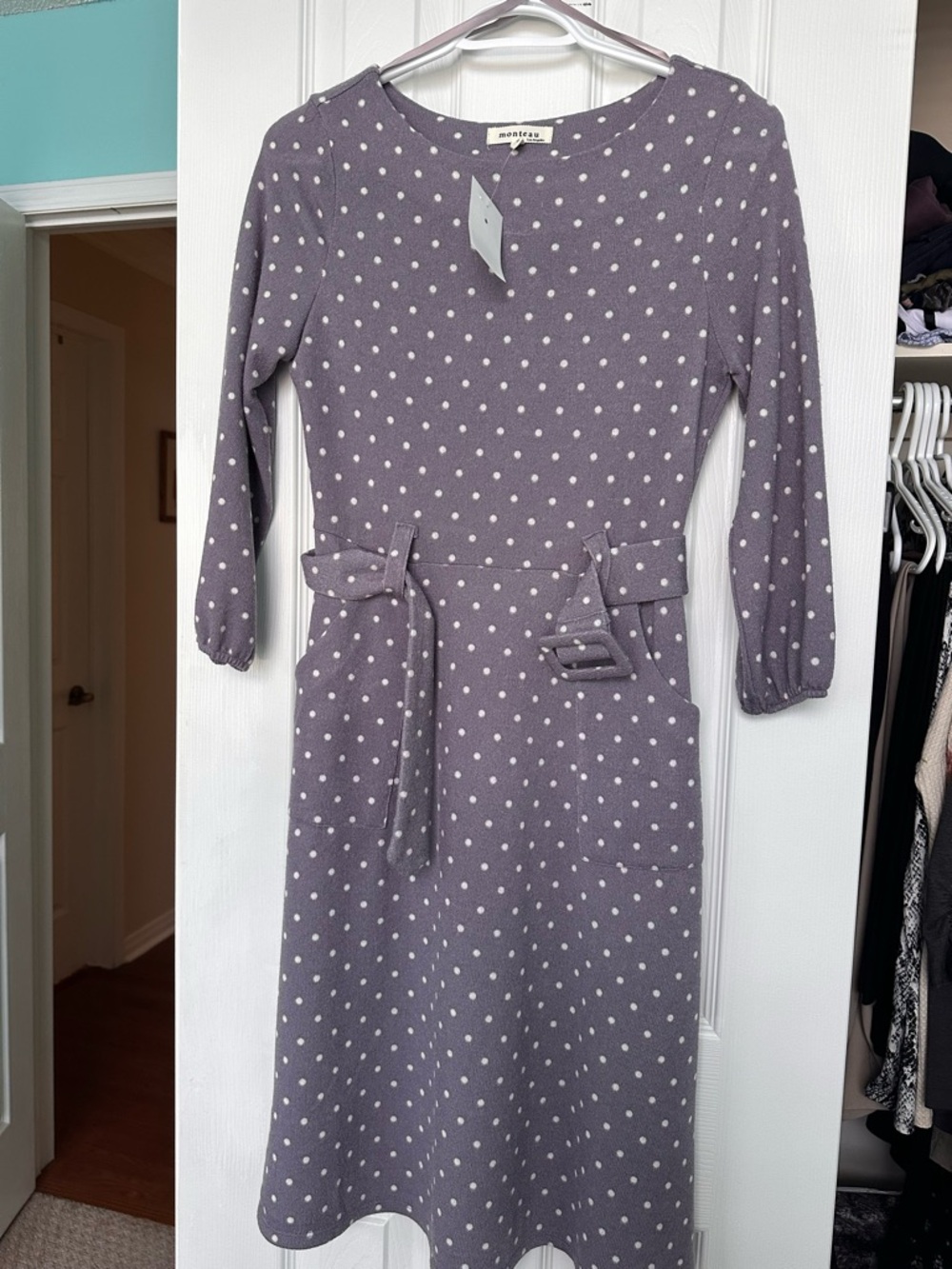 Monteau Lavender Polka Dot Long Sleeve Midi Dress with Waist Tie